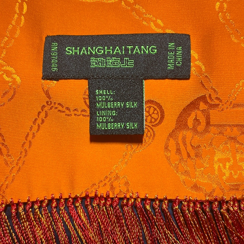 Shanghai Tang Red And Orange 100% Silk Asian Large Fringe Scarf
